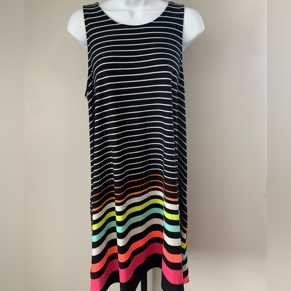 No Boundaries Sleeveless Black Striped Knit Dress with Multicolor Hem